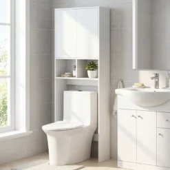 Freistehendes Toilettenregal mit Doppeltür & 2 Offenen Fächern Toilettenschrank mit Verstellbarem Einlegeboden