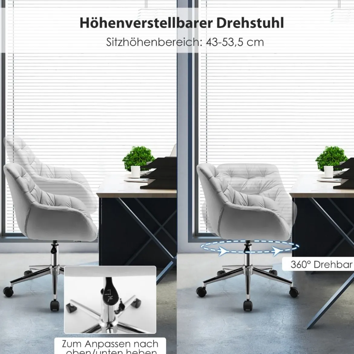 Freizeitsessel aus Samt Höhenverstellbarer Drehstuhl mit Rollen Grau
