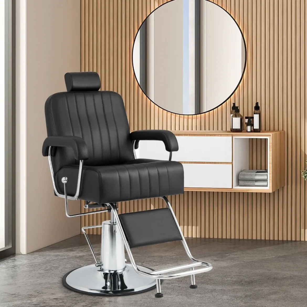 Friseurstuhl mit Kopfstütze & Rückenlehne & Hydraulikpumpe 360° Drehung Friseursessel