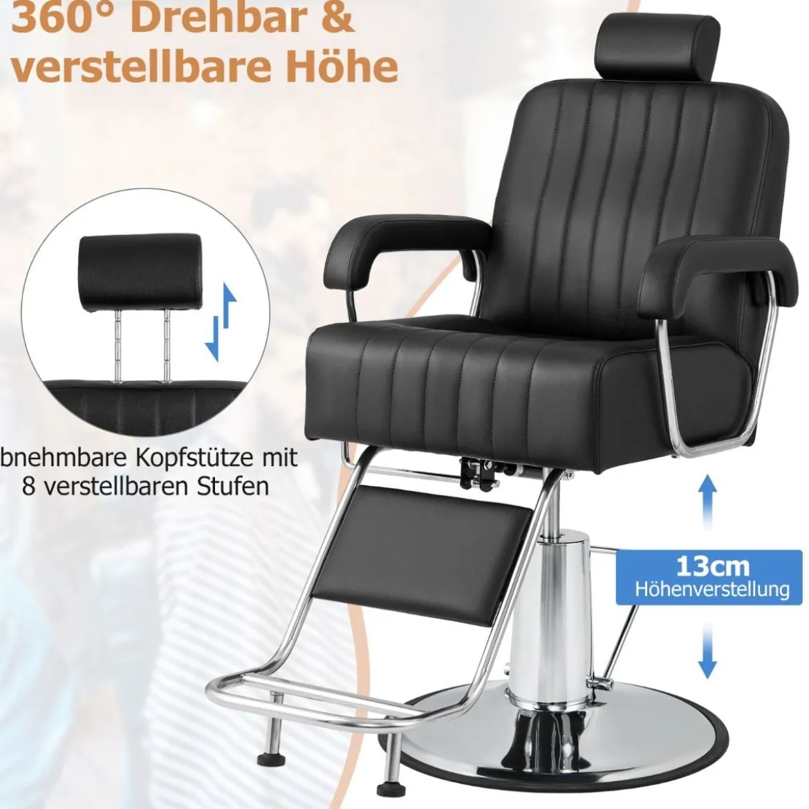 Friseurstuhl mit Kopfstütze & Rückenlehne & Hydraulikpumpe 360° Drehung Friseursessel