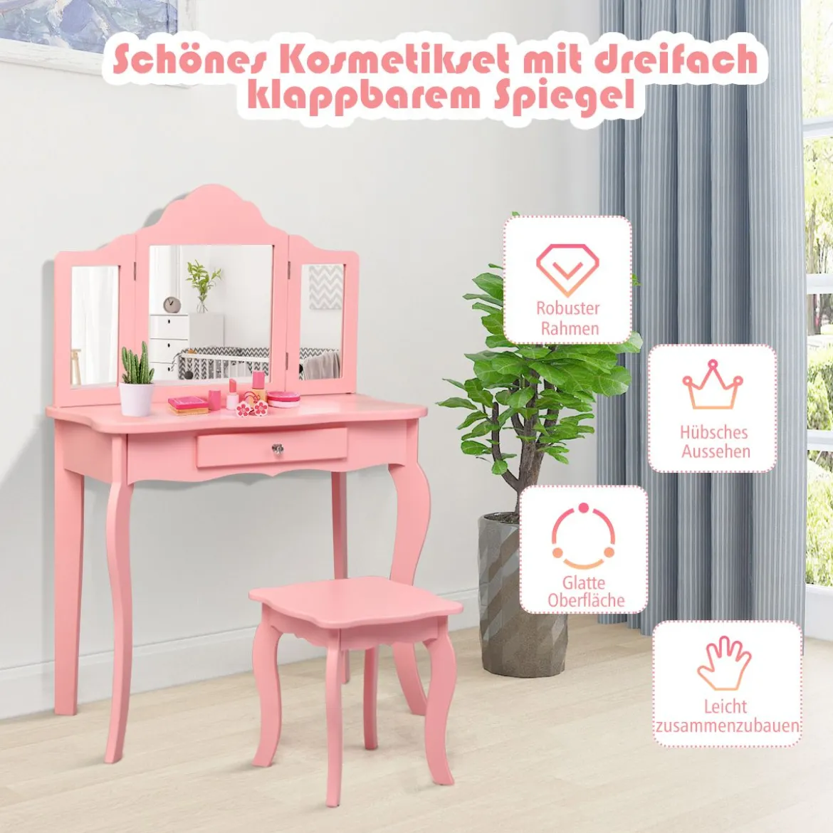 Frisiertisch Schminktisch- und Hocker-Set für Kinder 70 x 34 x 103 cm Rosa