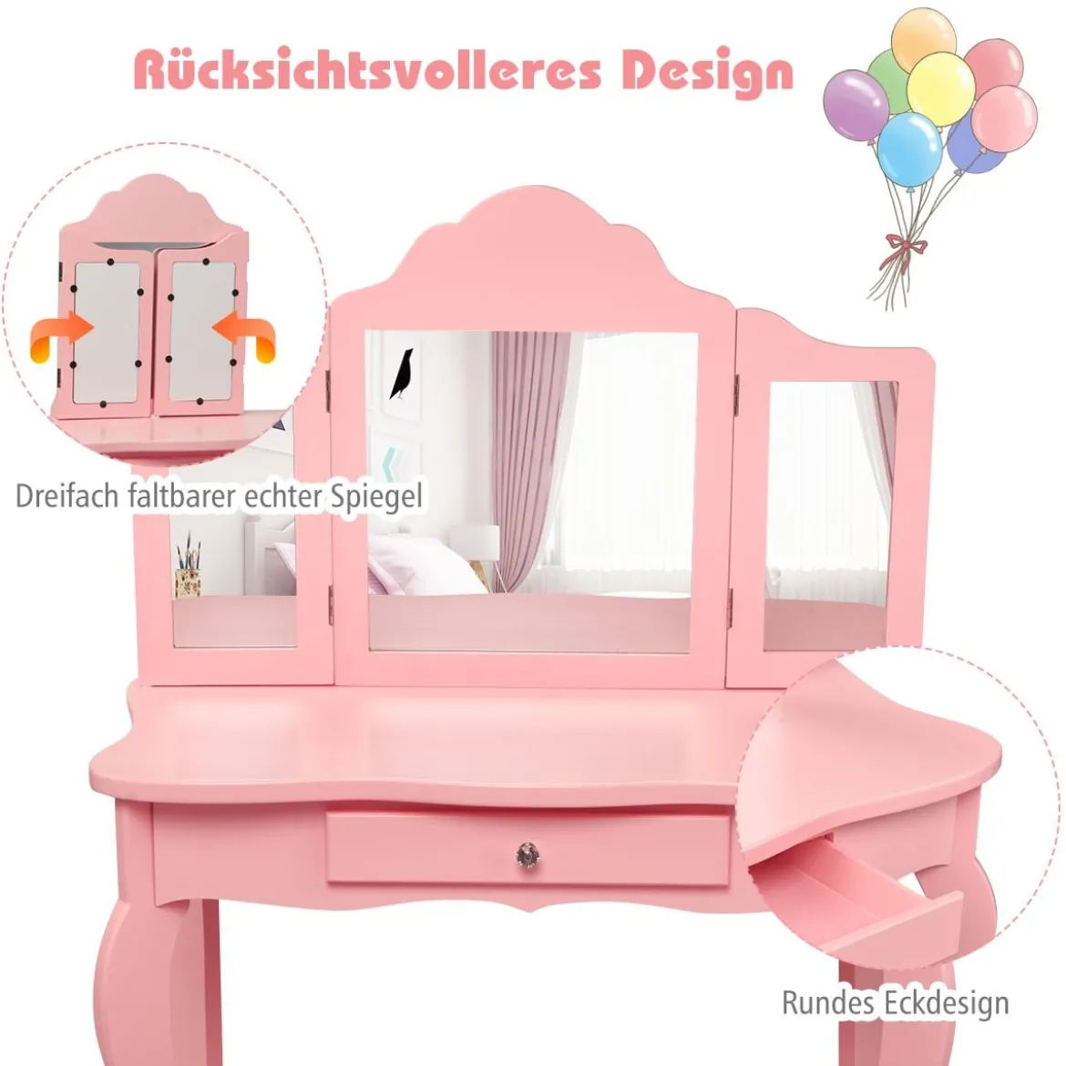 Frisiertisch Schminktisch- und Hocker-Set für Kinder 70 x 34 x 103 cm Rosa