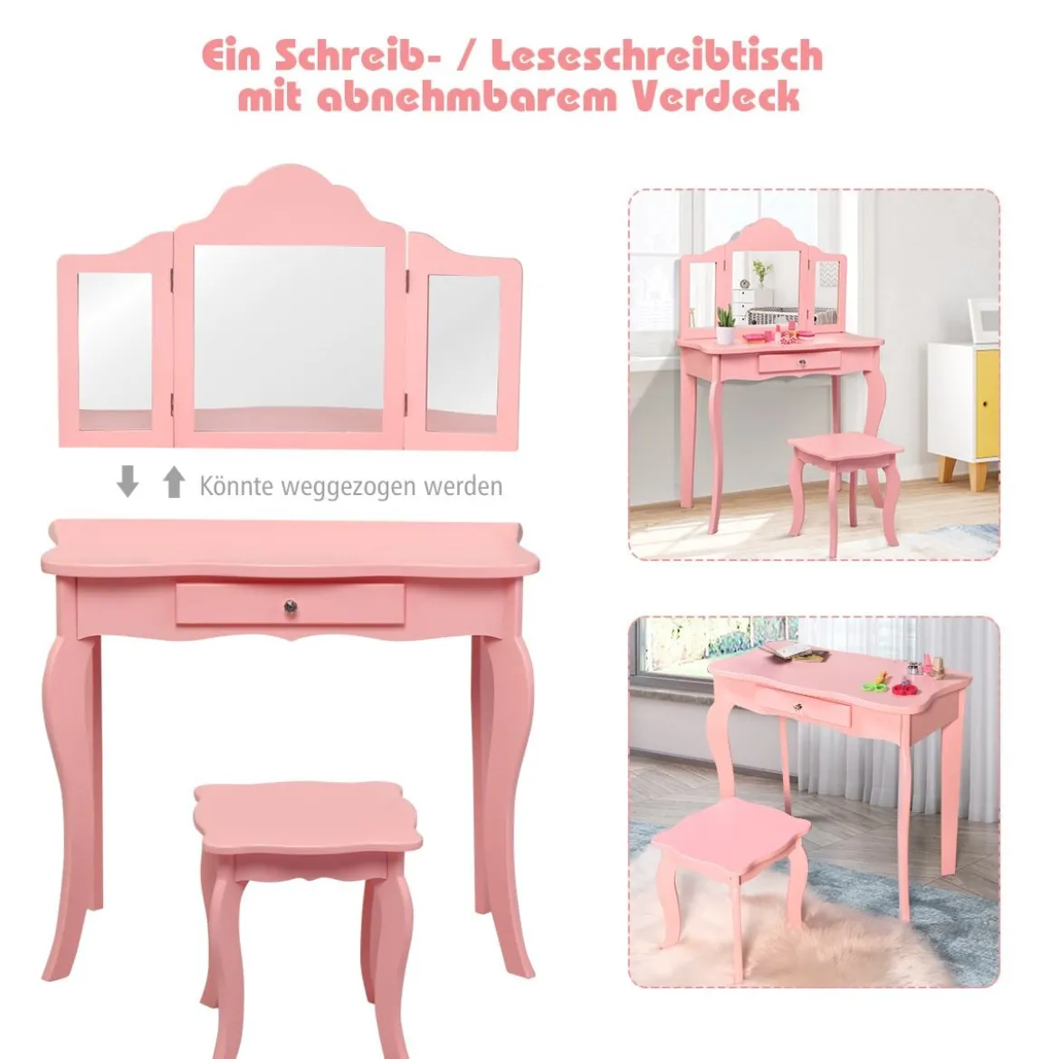 Frisiertisch Schminktisch- und Hocker-Set für Kinder 70 x 34 x 103 cm Rosa