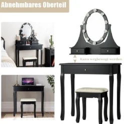 Frisiertisch Set Schminktisch aus Holz mit Hocker und Spiegel Schwarz