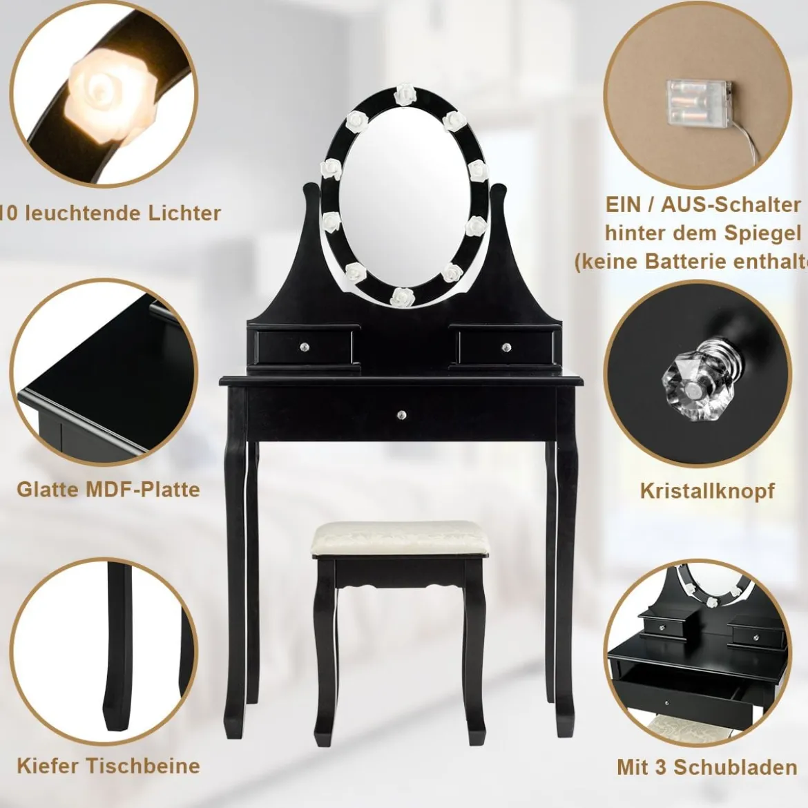 Frisiertisch Set Schminktisch aus Holz mit Hocker und Spiegel Schwarz