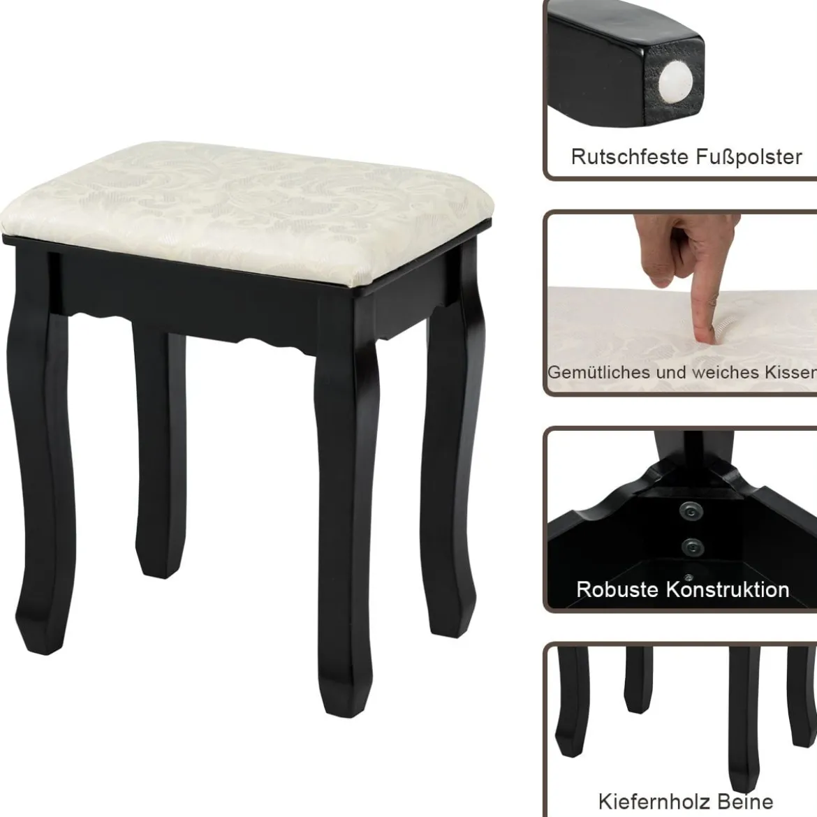 Frisiertisch Set Schminktisch aus Holz mit Hocker und Spiegel Schwarz