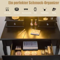 Frisiertisch Set Schminktisch aus Holz mit Hocker und Spiegel Schwarz