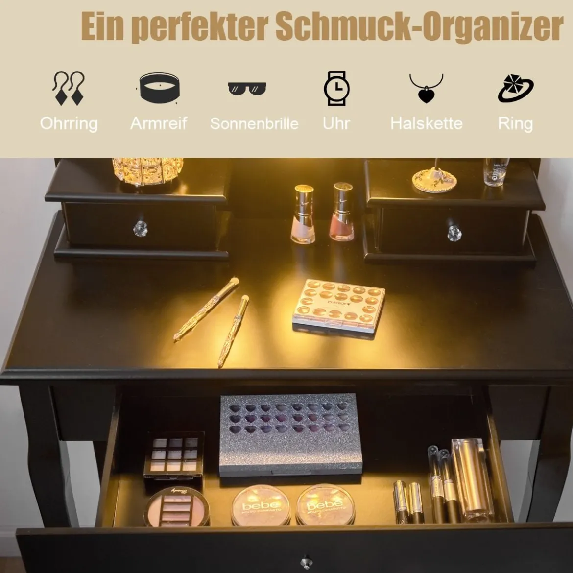 Frisiertisch Set Schminktisch aus Holz mit Hocker und Spiegel Schwarz