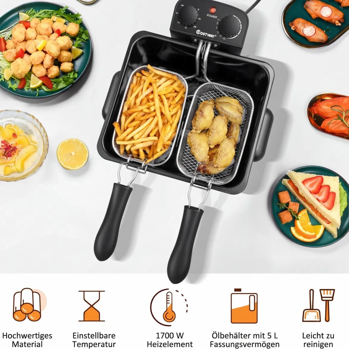 Fritteuse mit Fett 5 L aus Edelstahl 1700 W mit 3 Frittierkörben Sichtfenster & Wärmeisolierter Griff