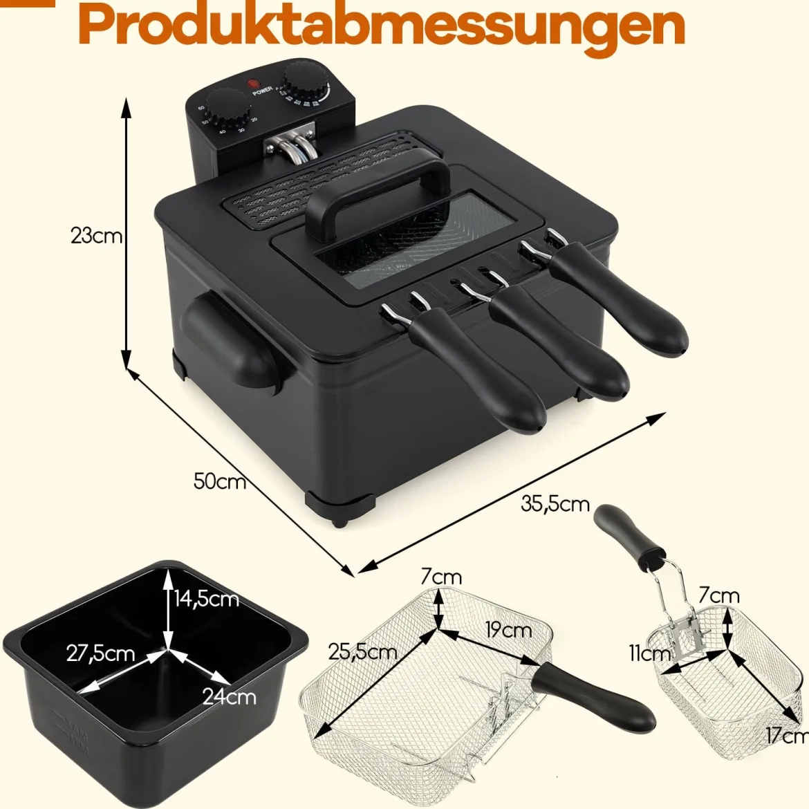 Fritteuse 1700W elektrische Friteuse 5L Frittiertopf mit 1 großen und 2 kleinen Körben Schwarz