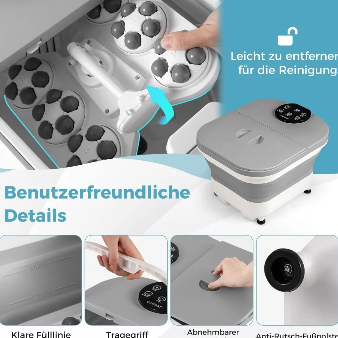 Fußbadewanne klappbar Fußbad mit Dusche 60min Timer & 30 Shiatsu-Massagebällen Temperatur 35–48°C Heizung