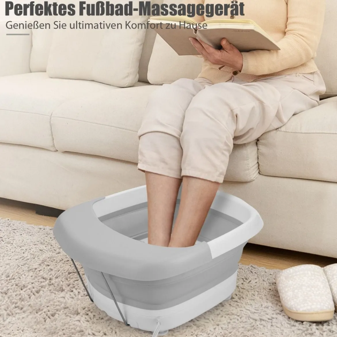 Fußbad Massagegerät faltbar Elektrische Fußbadewanne Heizung und Sprudelmassage Fußmassage Spa mit Massagerollen Grau