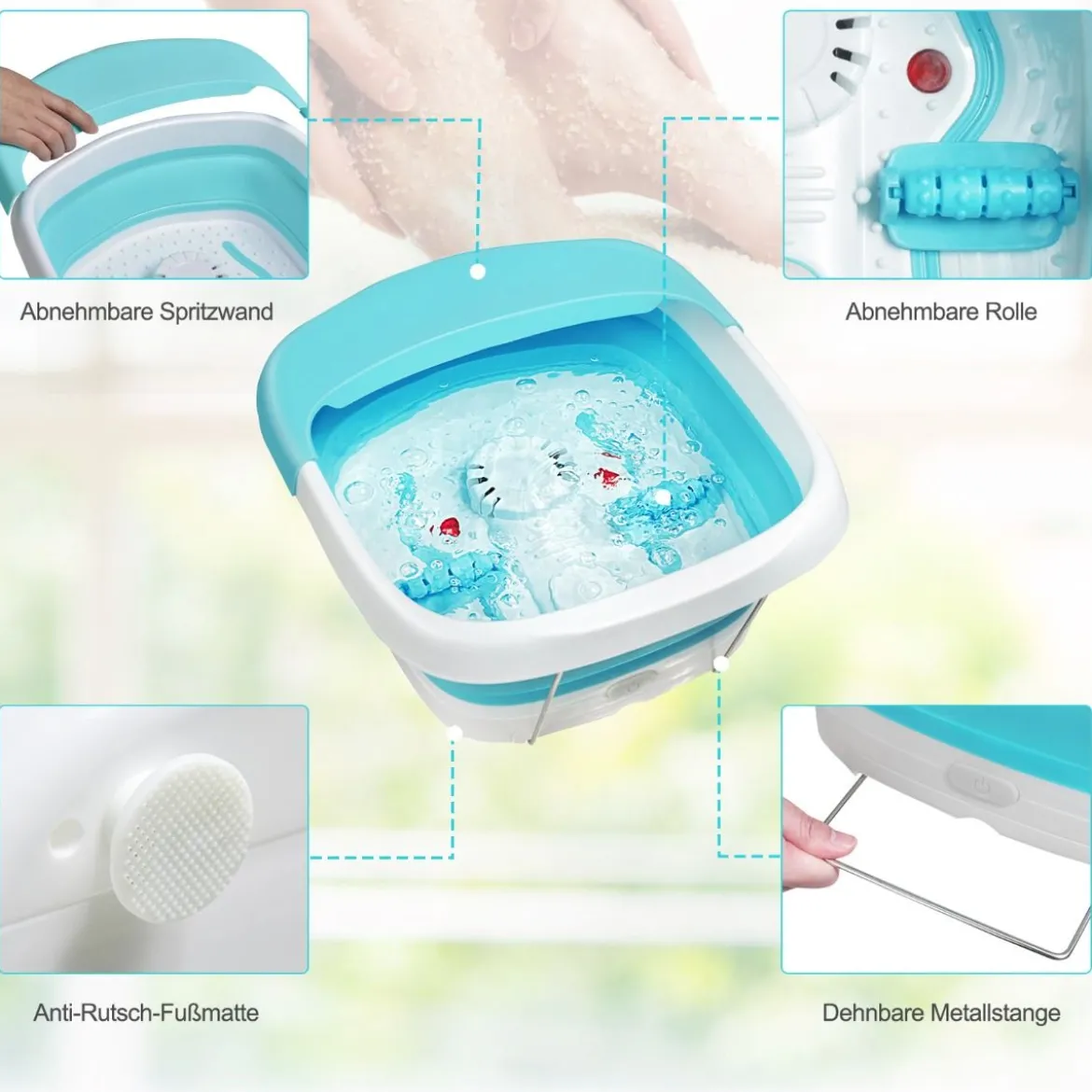Fußbad Massagegerät faltbar Elektrische Fußbadewanne Heizung und Sprudelmassage Fußmassage Spa mit Massagerollen Grün
