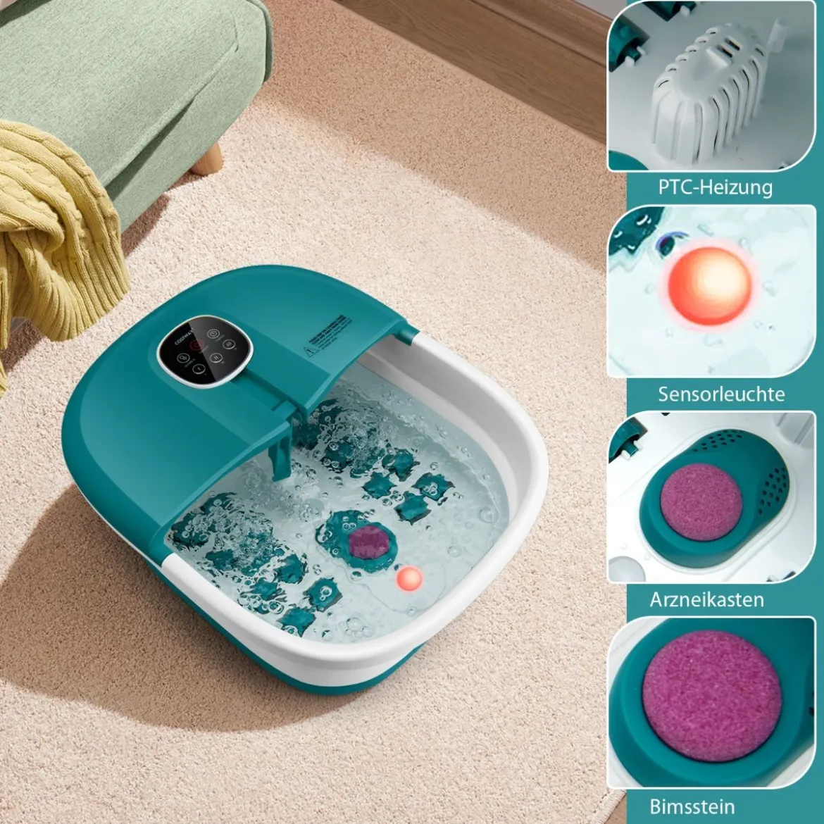 Fußbad Massagegerät Fußmassage Spa mit Fernbedienung Klappbar 33,5 x 41 x 20,5 cm Türkis