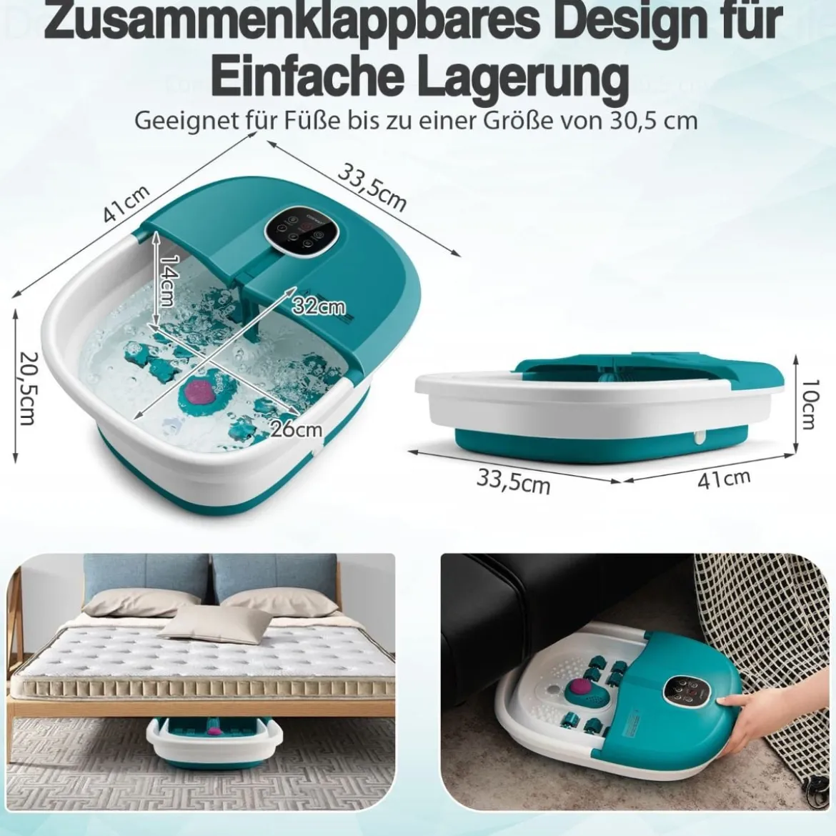 Fußbad Massagegerät Fußmassage Spa mit Fernbedienung Klappbar 33,5 x 41 x 20,5 cm Türkis