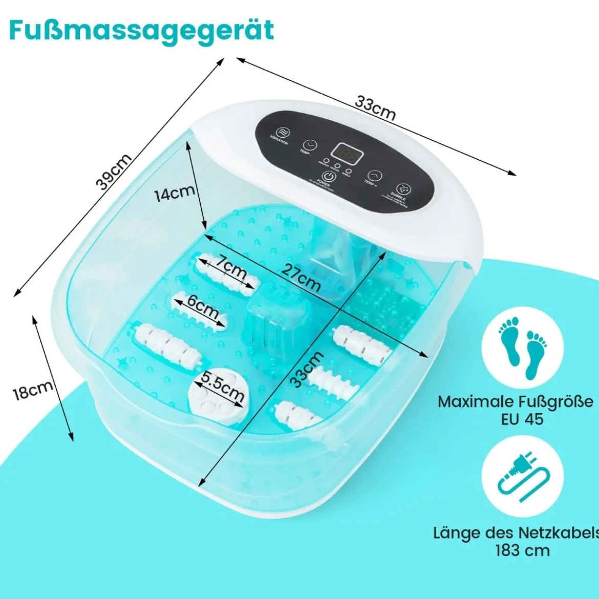 Fußbad Massagegerät Fussbadewanne elektrisch Foot Massager mit Heizung Eisblau