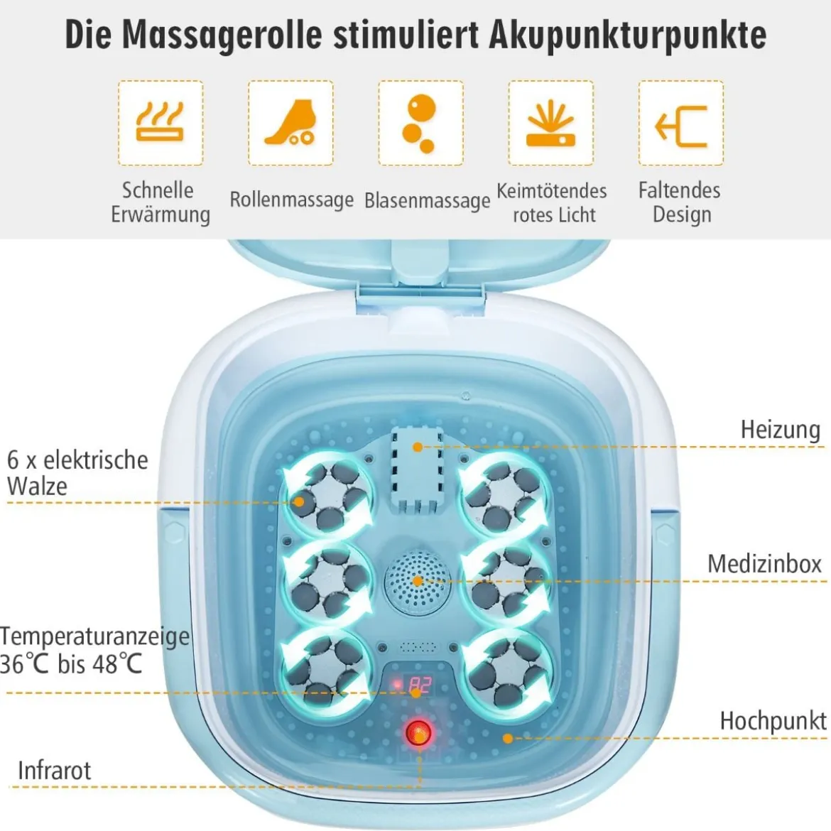 Fußbad Massagegerät Klappbar mit Fernbedienung Fußbad-Whirlpool 42 x 40 x 24 cm Blau