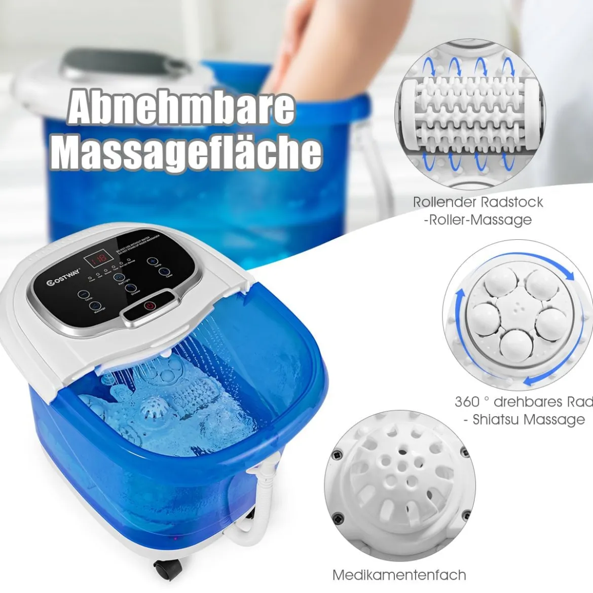 Fußbad Massagegerät mit Rollen 35-48℃ Elektrische Fußbadewanne Duschemassage Blau
