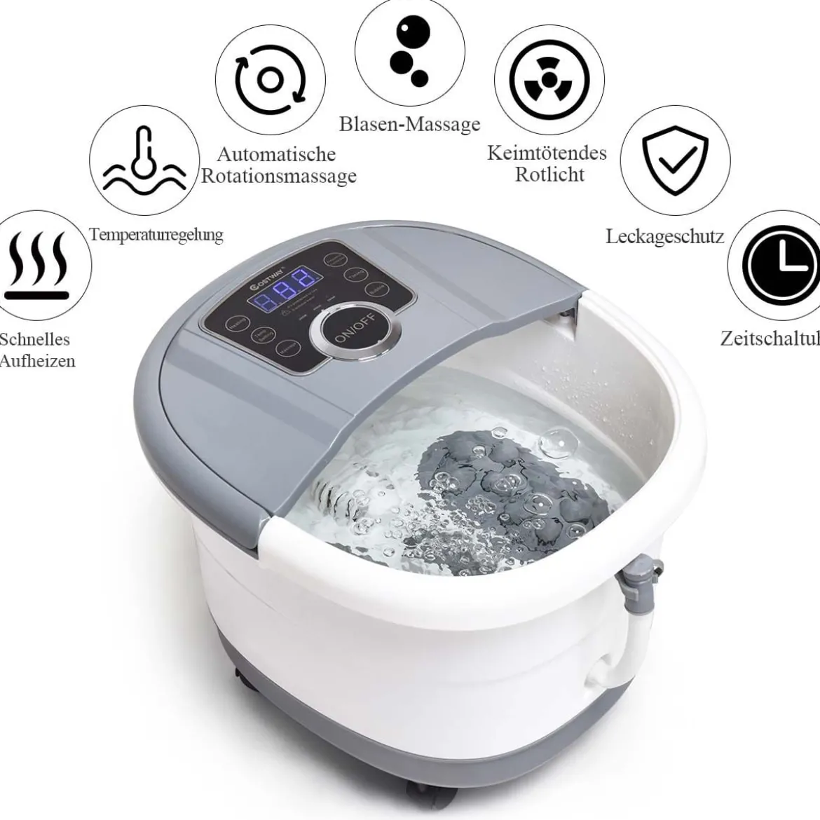 Fußbad Massagegerät mit 16 Shiatsu-Rollen 10-60min Timer / 35-48℃ / 500W Grau