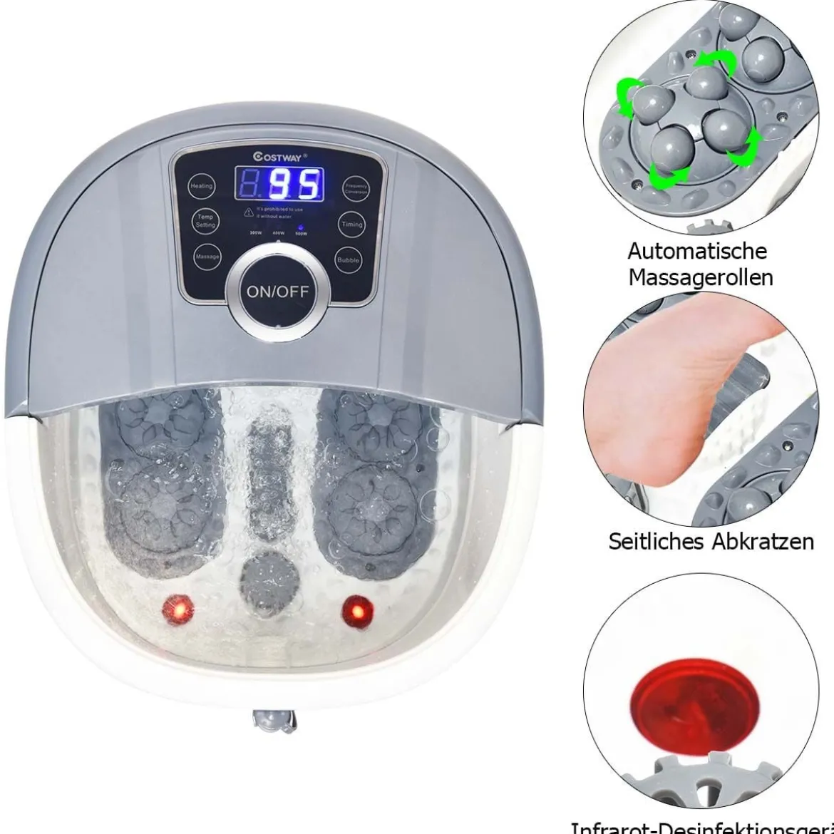Fußbad Massagegerät mit 16 Shiatsu-Rollen 10-60min Timer / 35-48℃ / 500W Grau