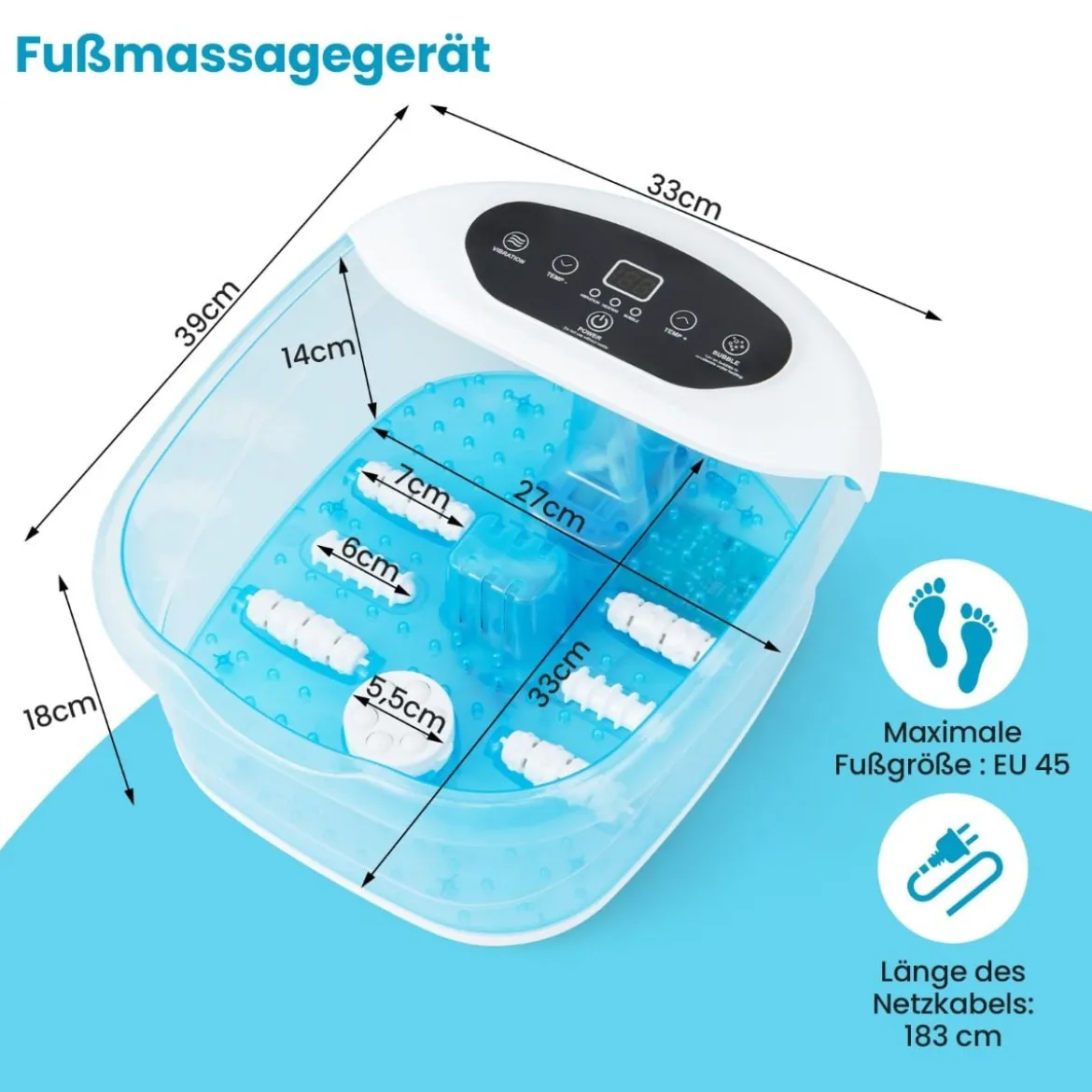 Fuß-Massagegerät Fussbad Fussbadewanne mit abnehmbarem Pediküre-Stein 1-stündiger automatischer Abschaltung Blau