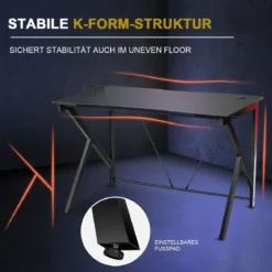 Gaming-Schreibtisch Ergonomischer K-förmiger Computer-Schreibtisch mit Videoablage Schwarz