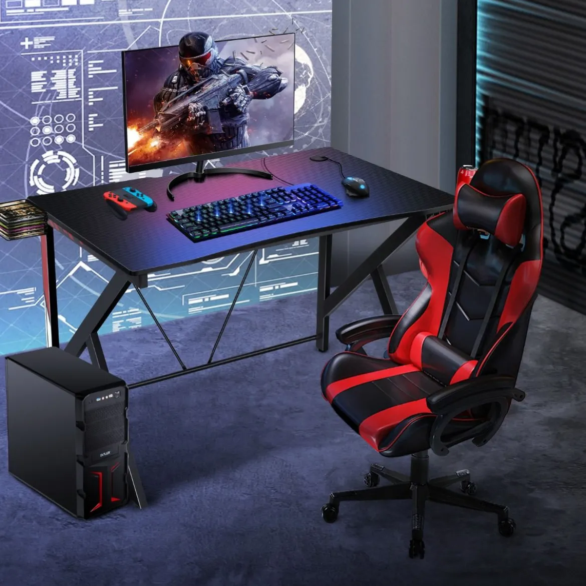 Gaming-Schreibtisch Ergonomischer K-förmiger Computer-Schreibtisch mit Videoablage Schwarz