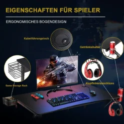Gaming-Schreibtisch Ergonomischer K-förmiger Computer-Schreibtisch mit Videoablage Schwarz