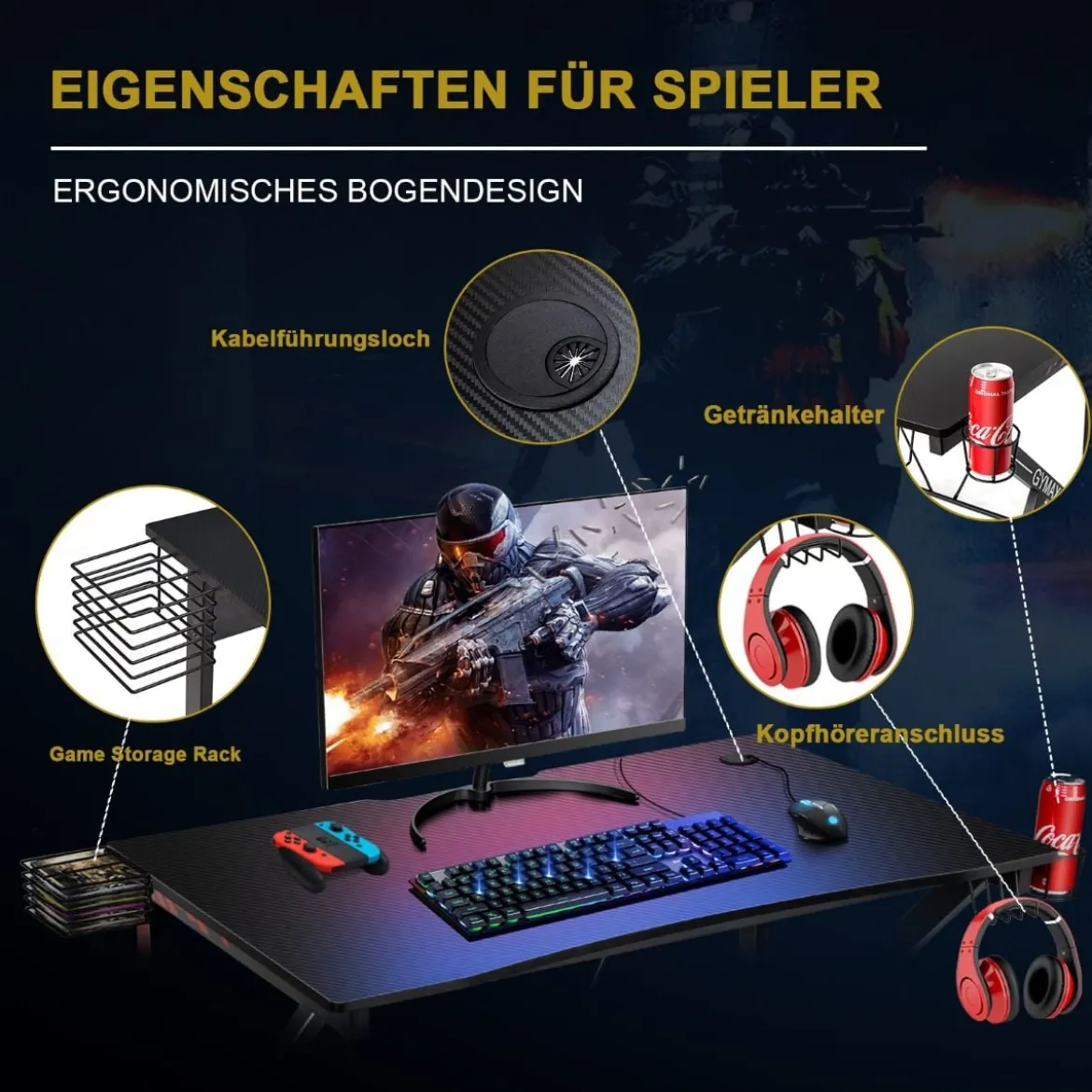 Gaming-Schreibtisch Ergonomischer K-förmiger Computer-Schreibtisch mit Videoablage Schwarz