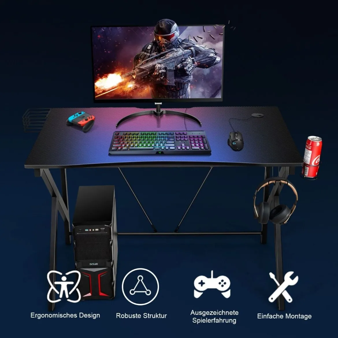 Gaming-Schreibtisch Ergonomischer K-förmiger Computer-Schreibtisch mit Videoablage Schwarz