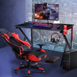 Gaming-Schreibtisch Ergonomischer K-förmiger Computer-Schreibtisch mit Videoablage Schwarz