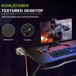 Gaming-Schreibtisch Ergonomischer K-förmiger Computer-Schreibtisch mit Videoablage Schwarz