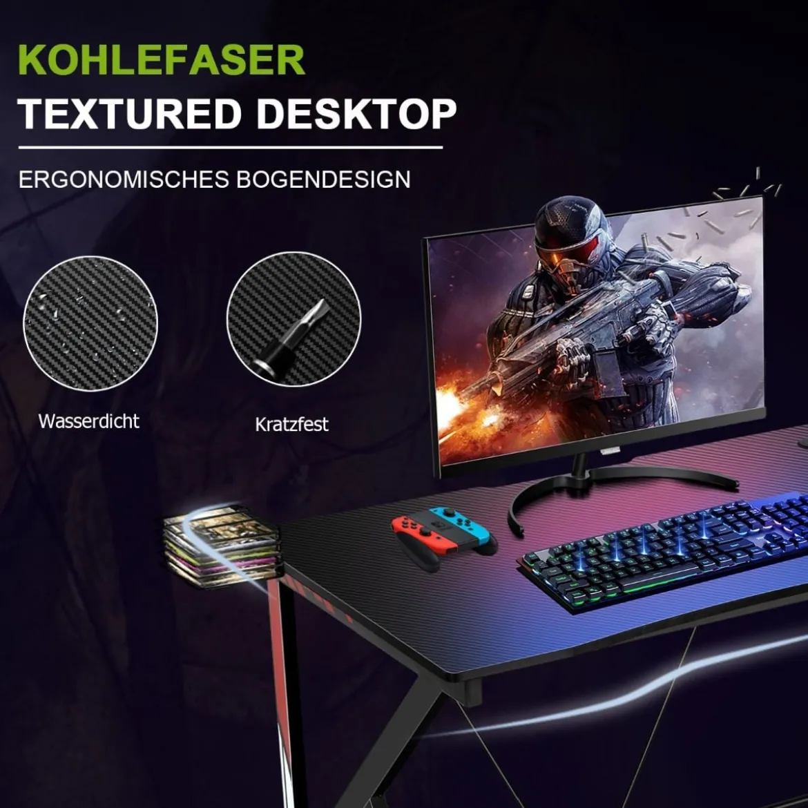 Gaming-Schreibtisch Ergonomischer K-förmiger Computer-Schreibtisch mit Videoablage Schwarz