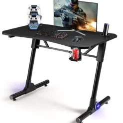 Gaming-Schreibtisch höhenverstellbarer Computertisch mit blauer LED-Beleuchtung Schwarz