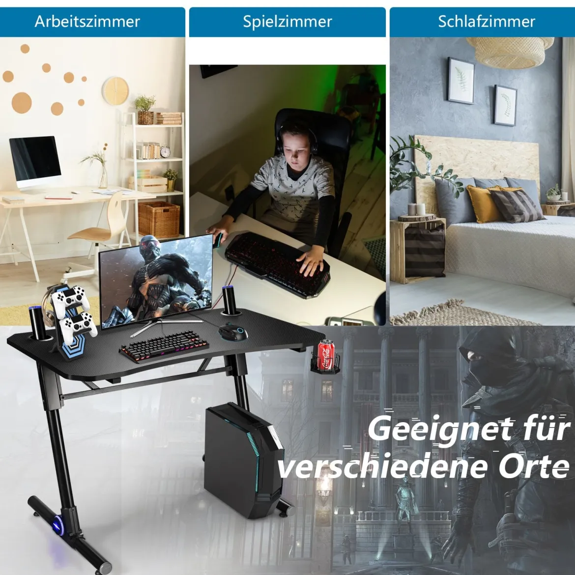 Gaming-Schreibtisch höhenverstellbarer Computertisch mit blauer LED-Beleuchtung Schwarz