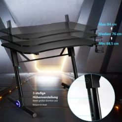Gaming-Schreibtisch höhenverstellbarer Computertisch mit blauer LED-Beleuchtung Schwarz