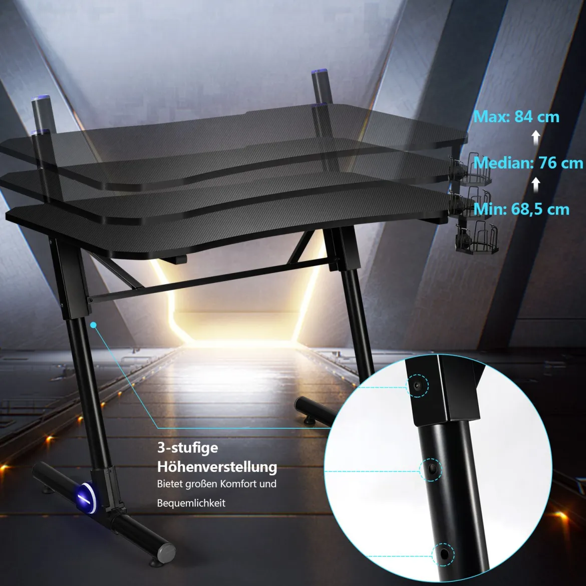Gaming-Schreibtisch höhenverstellbarer Computertisch mit blauer LED-Beleuchtung Schwarz