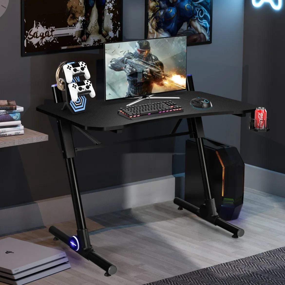Gaming-Schreibtisch höhenverstellbarer Computertisch mit blauer LED-Beleuchtung Schwarz
