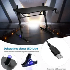 Gaming-Schreibtisch höhenverstellbarer Computertisch mit blauer LED-Beleuchtung Schwarz