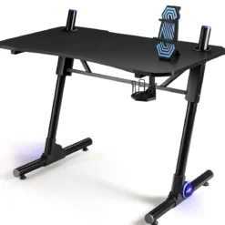 Gaming-Schreibtisch höhenverstellbarer Computertisch mit blauer LED-Beleuchtung Schwarz