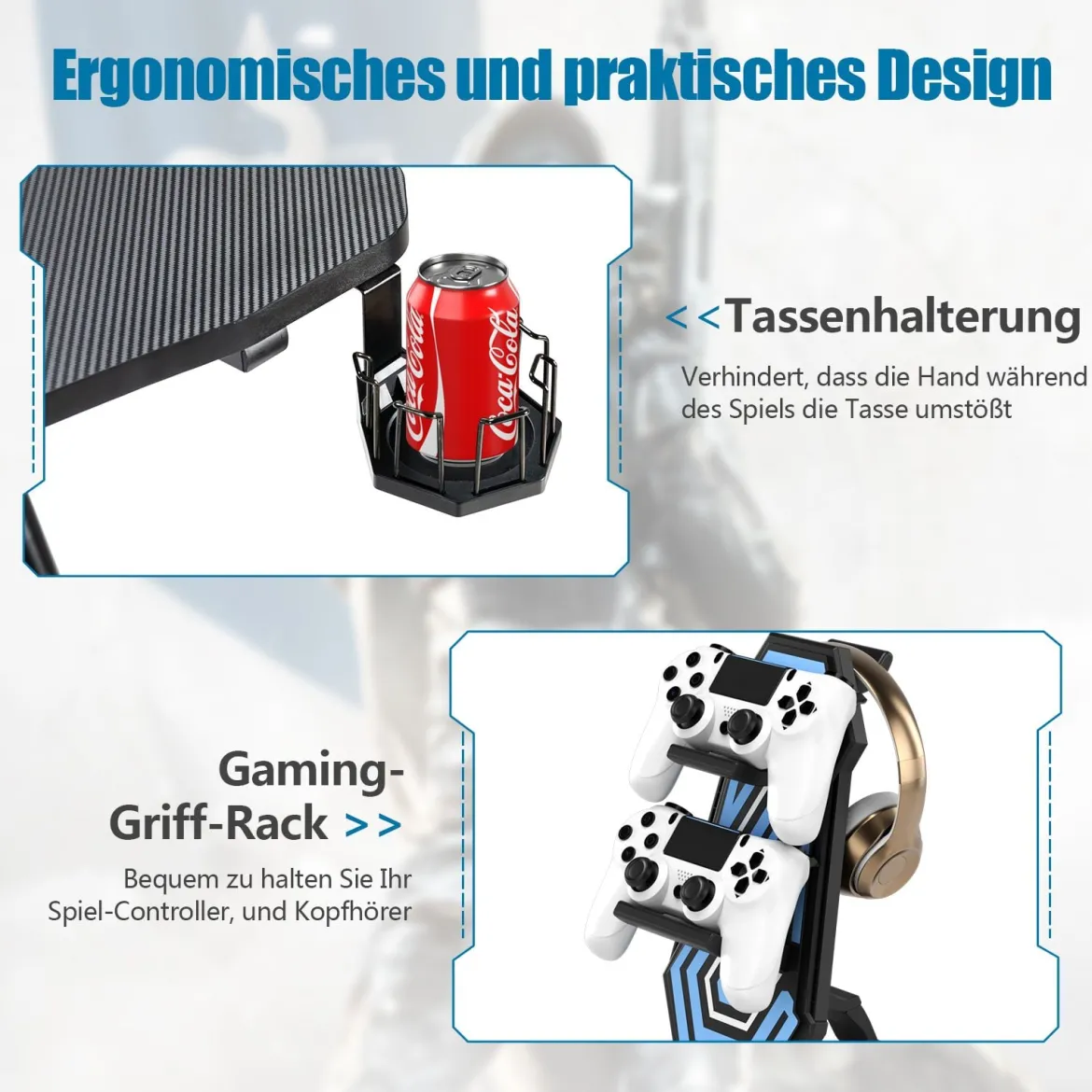 Gaming-Schreibtisch höhenverstellbarer Computertisch mit blauer LED-Beleuchtung Schwarz