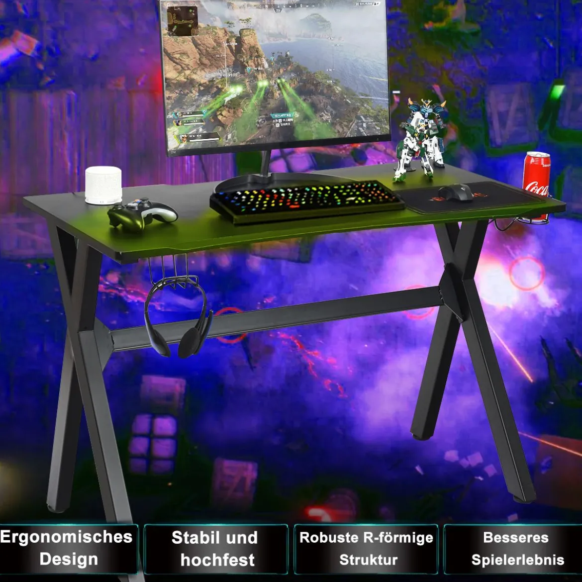 Gaming-Schreibtisch mit Getränkehalter Kopfhörerhaken & Mauspad Schwarz