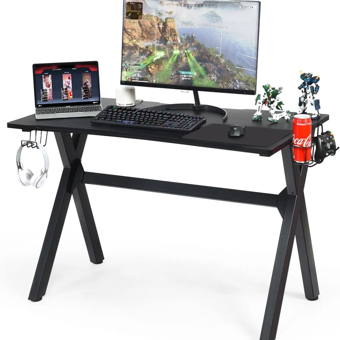 Gaming-Schreibtisch mit Getränkehalter Kopfhörerhaken & Mauspad Schwarz