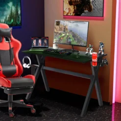 Gaming-Schreibtisch mit Getränkehalter Kopfhörerhaken & Mauspad Schwarz