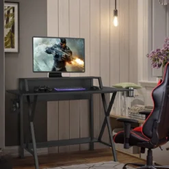 Gaming Schreibtisch 122 x 60 cm Großer Gaming Tisch mit Monitorständer & Getränkehalter Schwarz