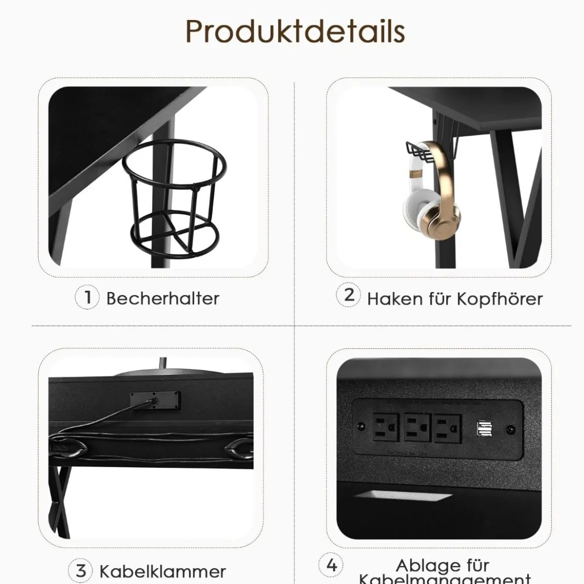 Gaming Schreibtisch 122 x 60 cm Großer Gaming Tisch mit Monitorständer & Getränkehalter Schwarz