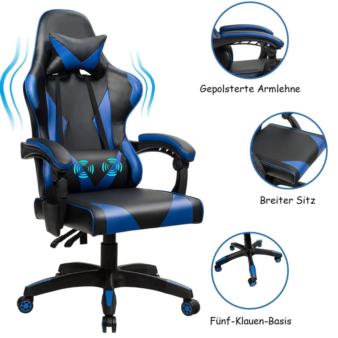 Gaming Stuhl Ergonomisch Racing Schreibtischstuhl Drehstuhl Chefsessel Bürostuhl Blau