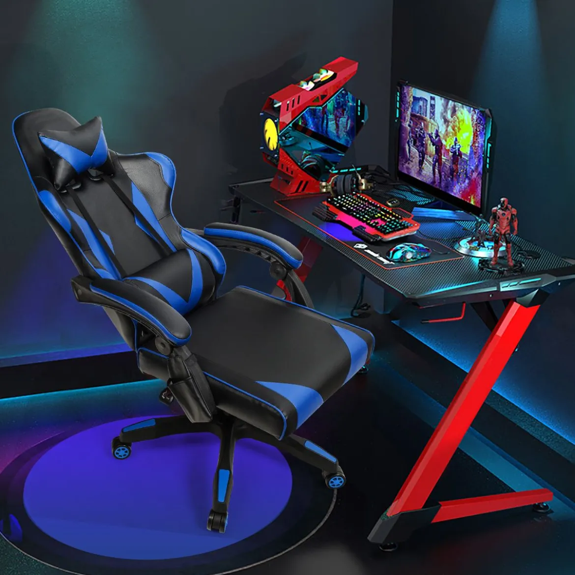 Gaming Stuhl Ergonomisch Racing Schreibtischstuhl Drehstuhl Chefsessel Bürostuhl Blau