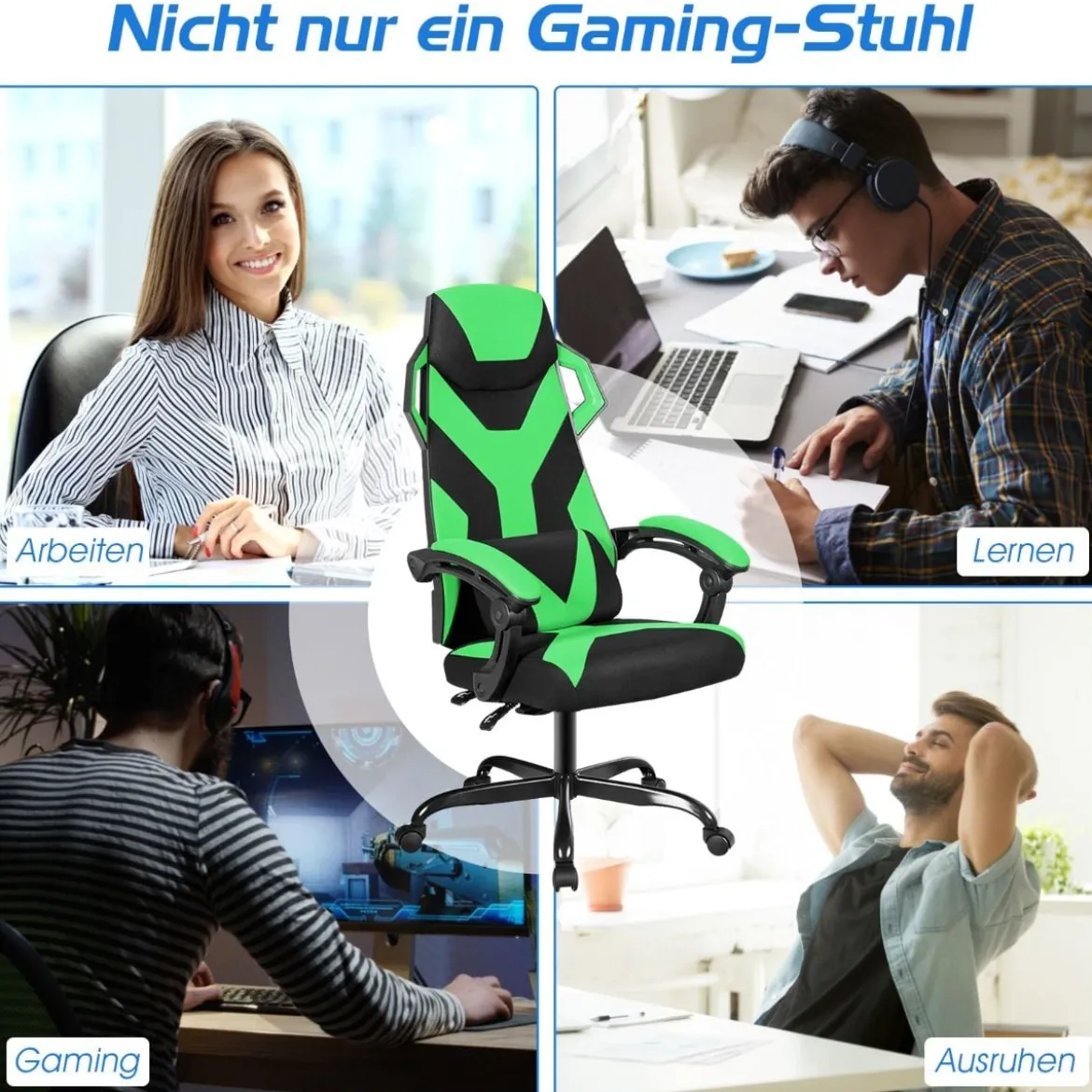 Gamingstuhl mit hoher Rücken einstellbarer Stuhl Drehstuhl 66 x 65 x 120-130 cm Schwarz + Grün