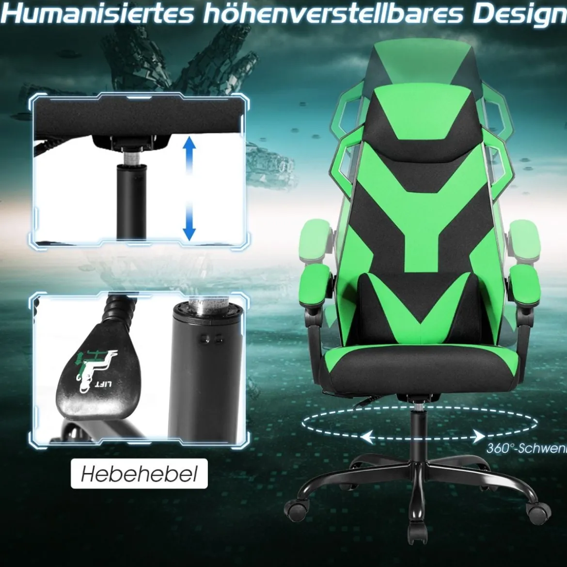 Gamingstuhl mit hoher Rücken einstellbarer Stuhl Drehstuhl 66 x 65 x 120-130 cm Schwarz + Grün